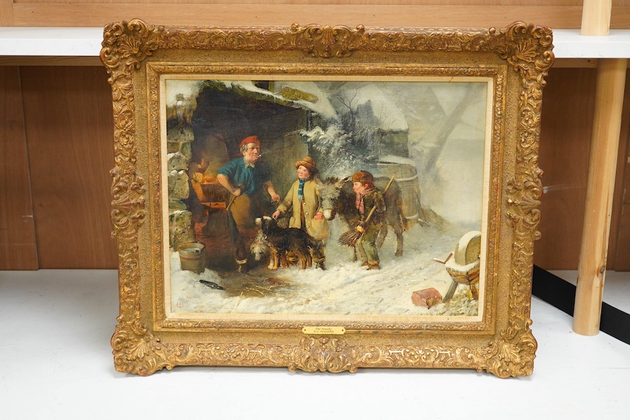 Edward Charles Barnes (1832-1893), oil on canvas, Winter street scene with children before a smithy, monogrammed, applied plaque to the frame, 30 x 45cm, ornate gilt frame. Condition - good